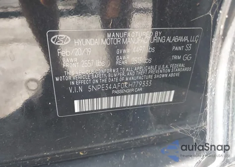 2019 Hyundai Sonata Sel z USA, uszkodzony, nr VIN 5NPE34AF0KH779333